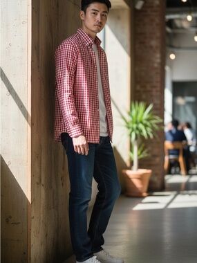 Men's Orange Gingham Button-Up Shirt
